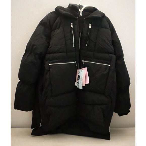 Avec Les Filles 69969 Women Sz L Black Oversized Hooded Thermal Puffer Coat